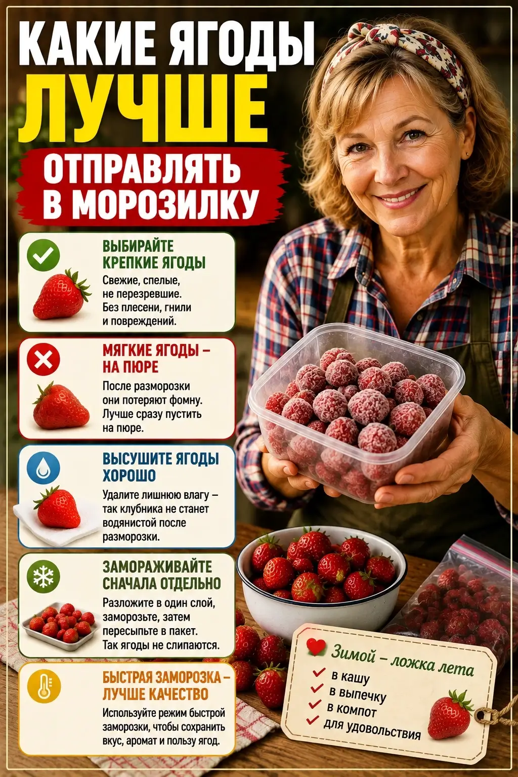 Для заморозки выбирайте свежую, спелую, но не перезревшую клубнику