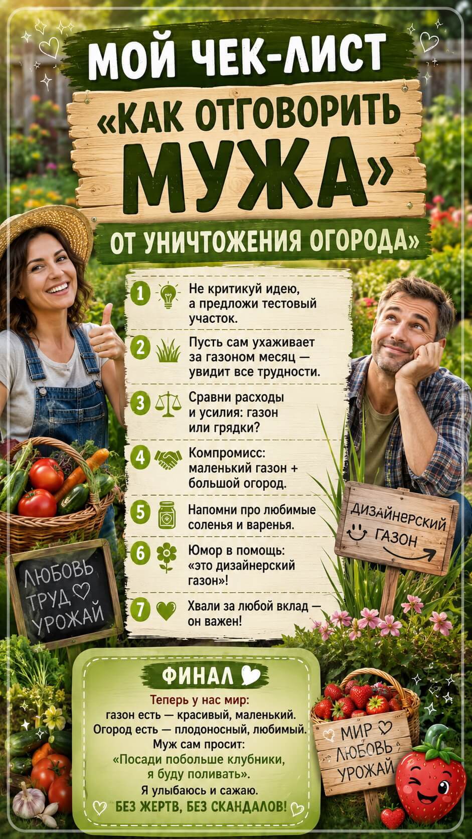 Мой чек-лист «Как отговорить мужа от уничтожения огорода»