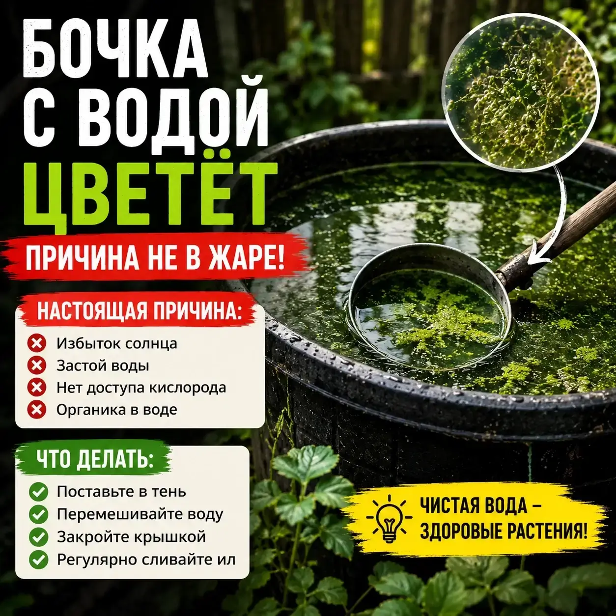 Бочка с водой цветёт зелёным: причина не в жаре