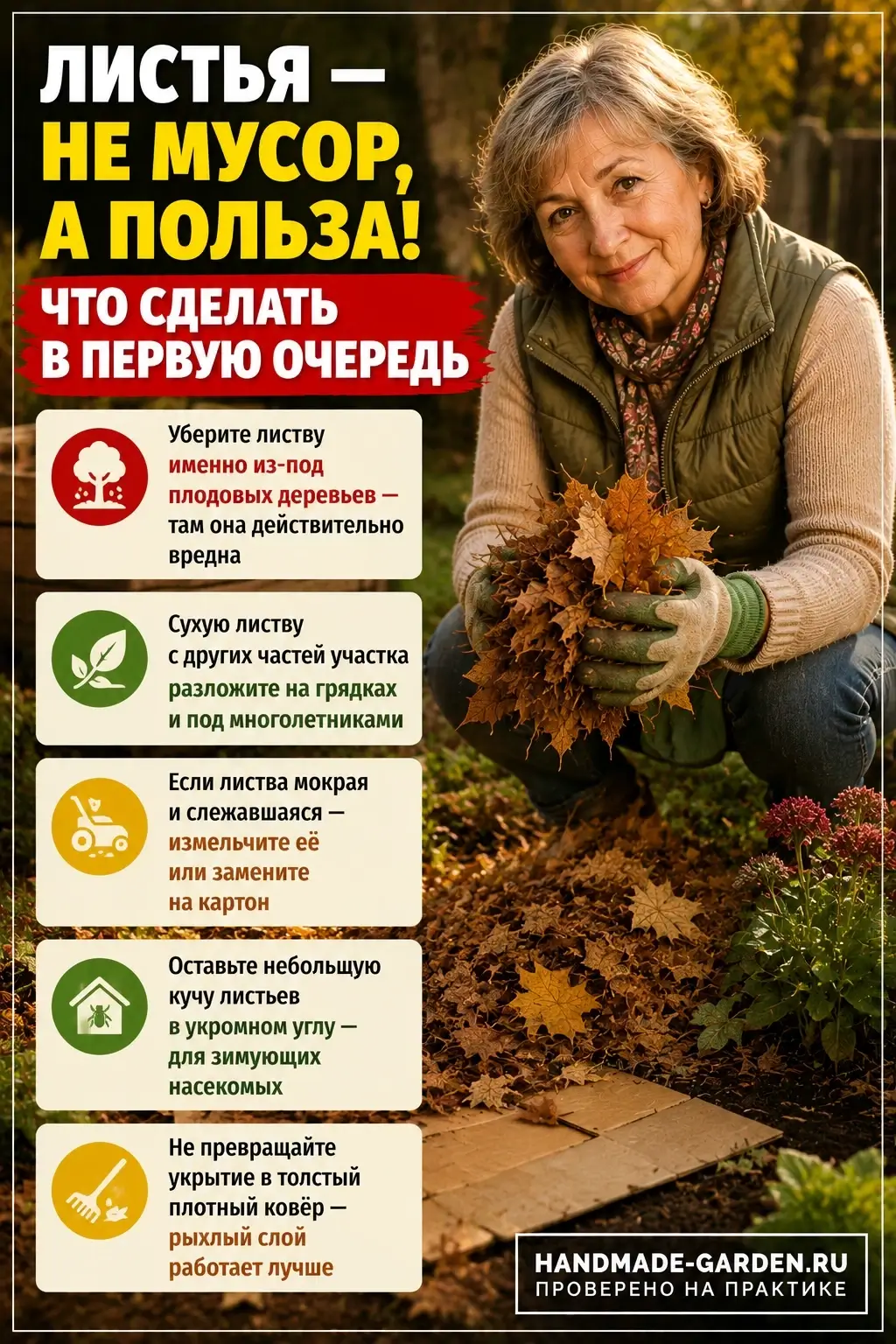 листва с декоративных деревьев и кустарников, не заражённая явными пятнами и налётом, вполне может остаться на участке и принести пользу