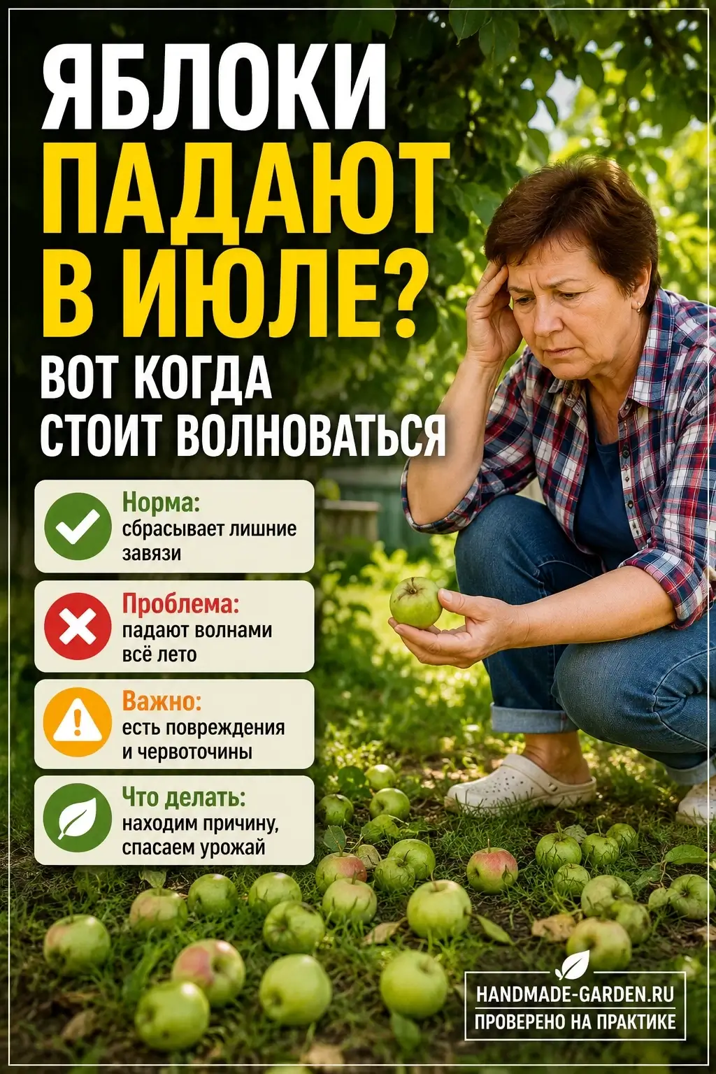 Под яблоней уже целая россыпь плодов, зелёных, недозрелых