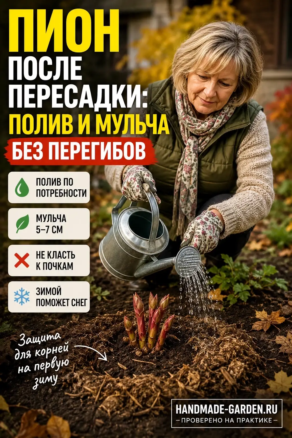 Уход за пионом после пересадки: полив и мульча без перегибов