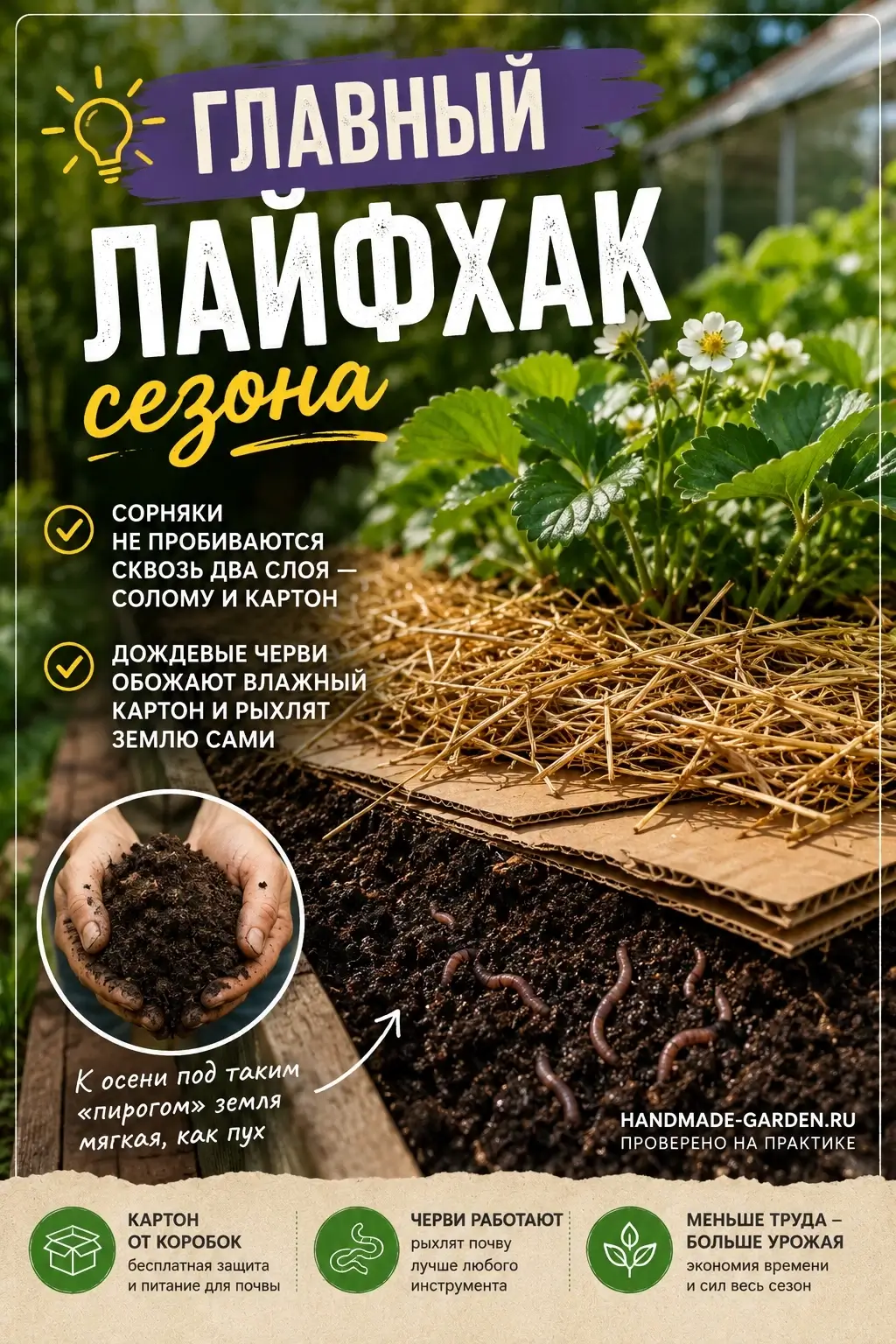 Под мульчу я подкладываю картон от коробок