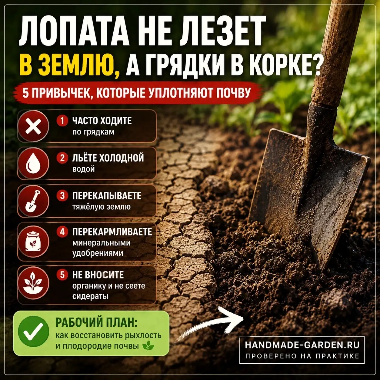 Лопата не входит в землю, а после дождя грядки в корке