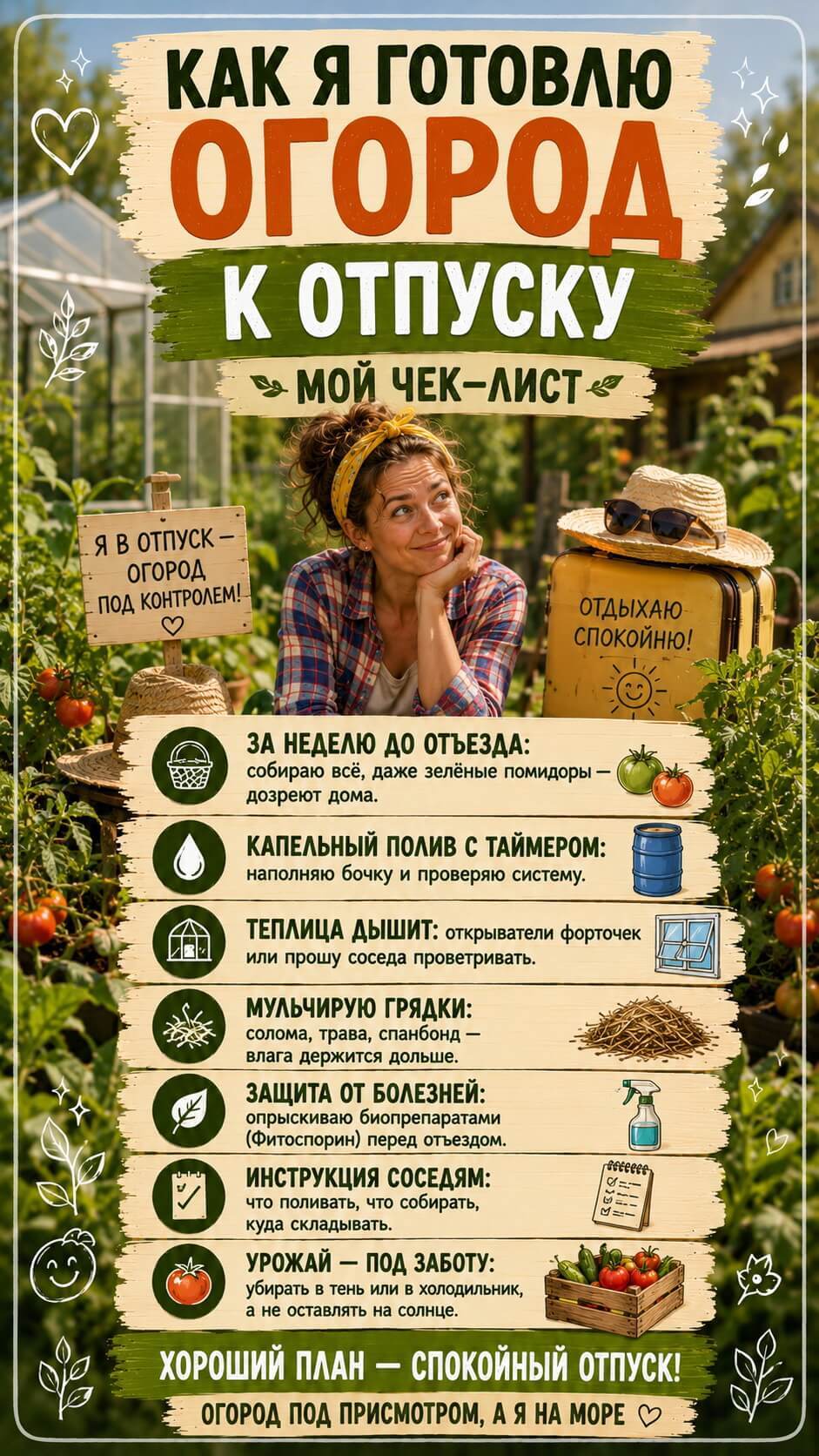 Как я готовлю огород к отпуску теперь (мой чек-лист)