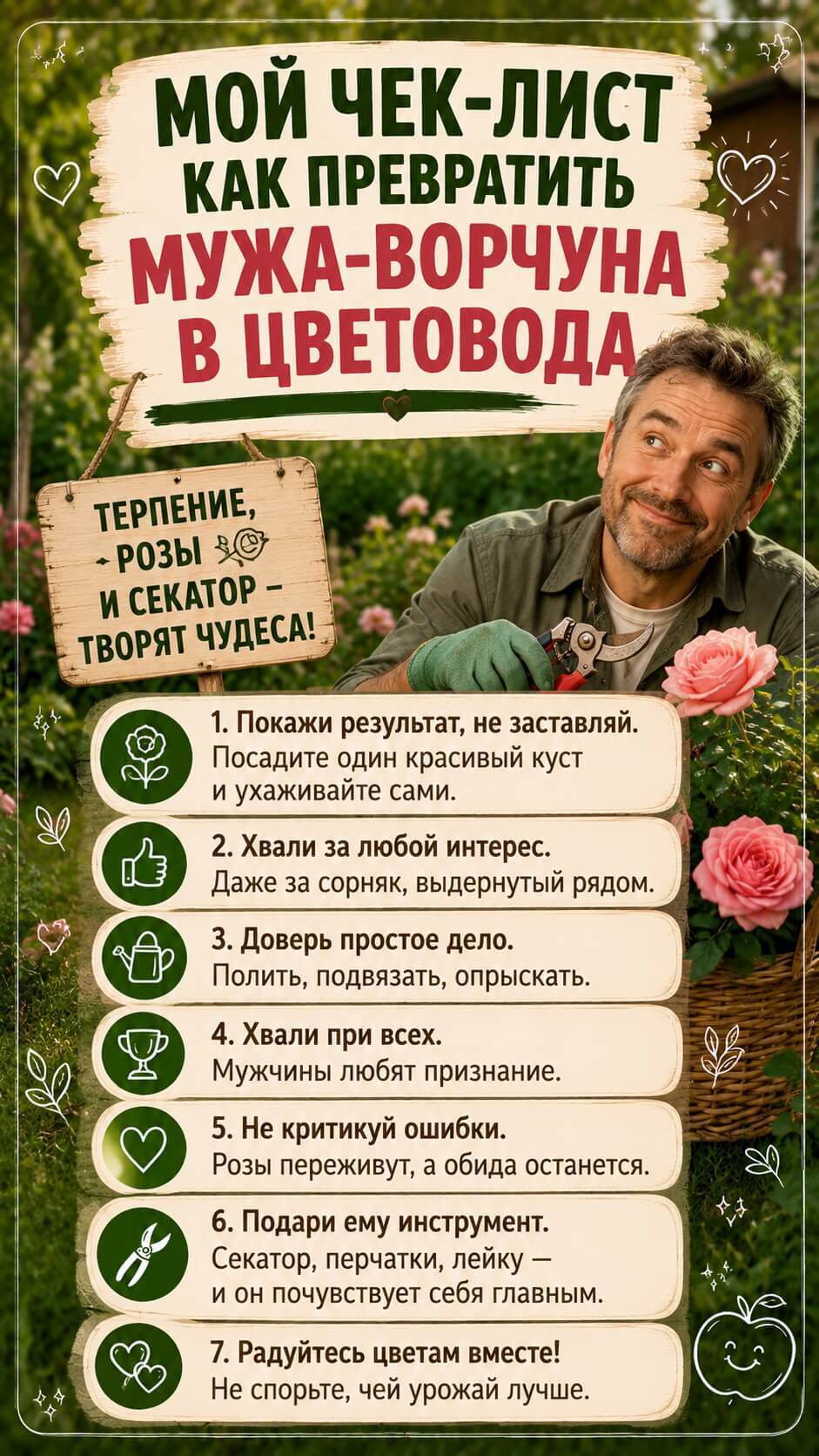 Мой чек-лист «Как превратить мужа-ворчуна в цветовода»