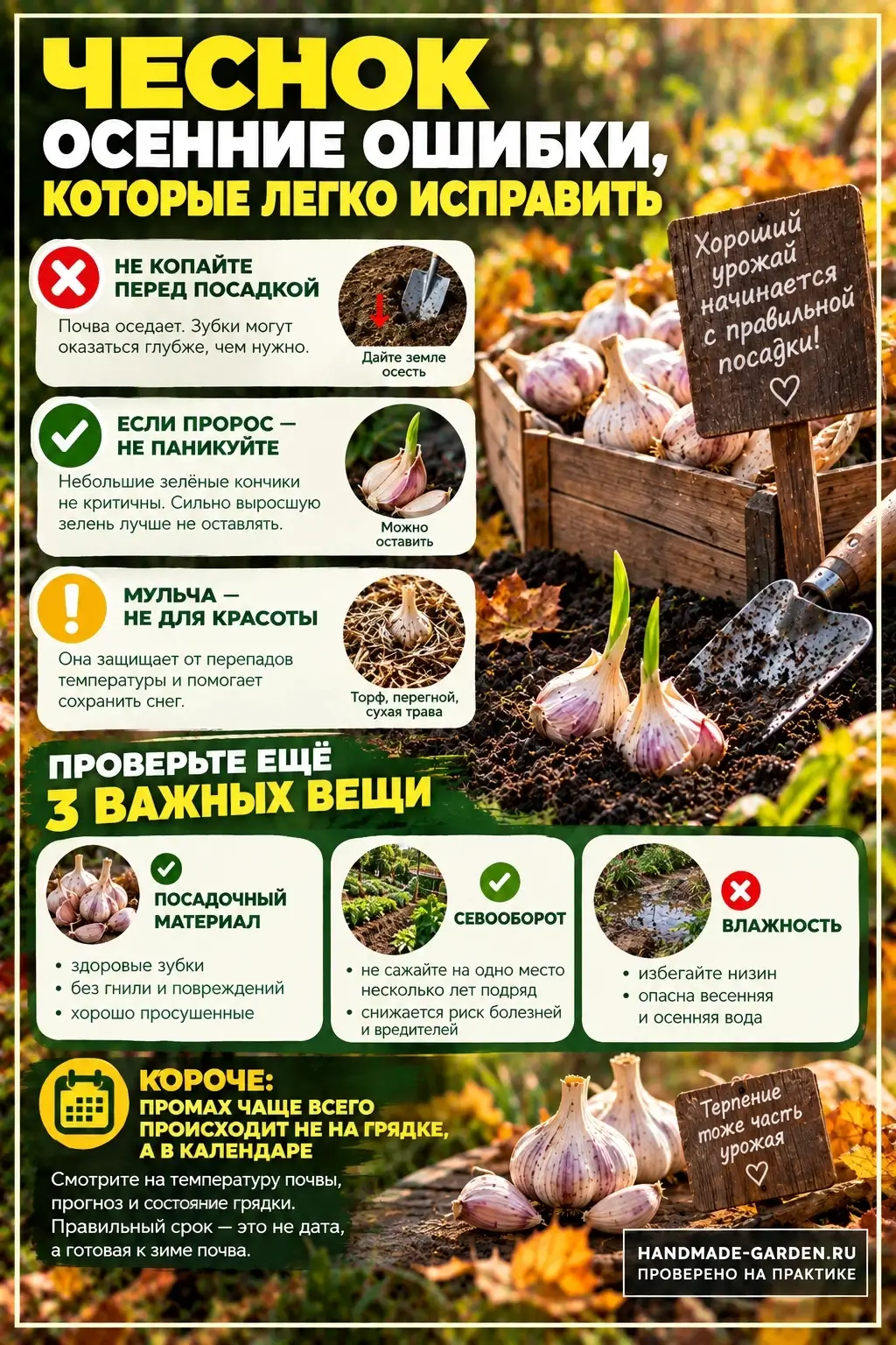 посадите чеснок тогда, когда почва уже остыла, а до серьёзного зимнего холода ещё есть время для укоренения