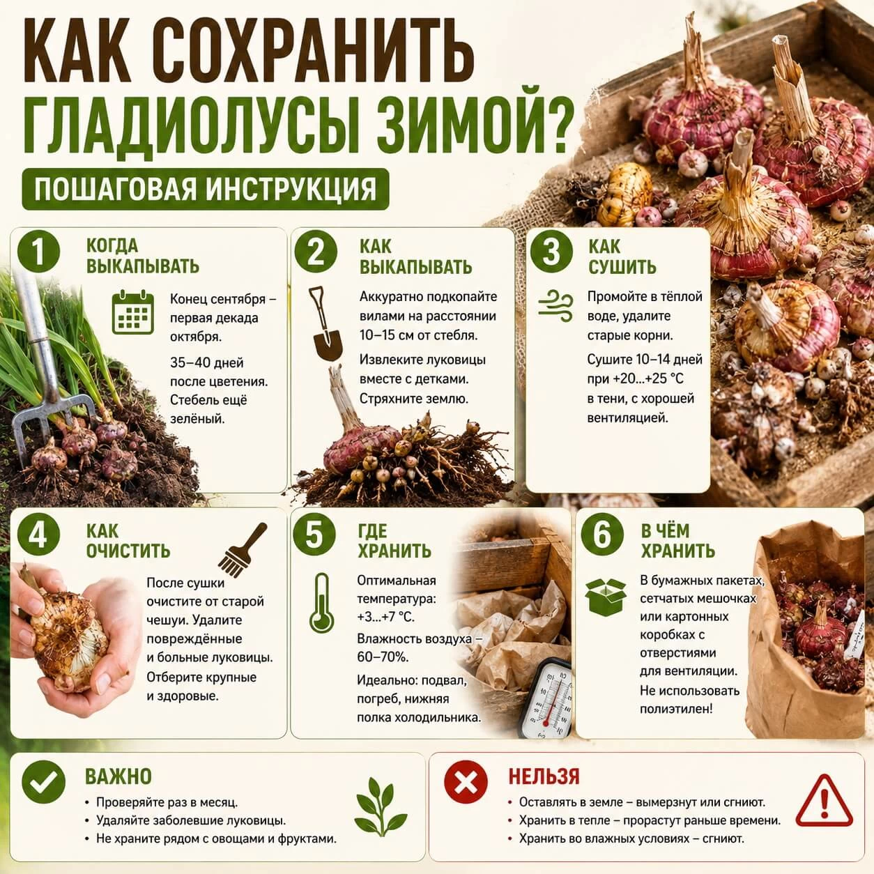 Где хранить гладиолусы зимой: в холодильнике, погребе или квартире? Три проверенных способа хранения луковиц