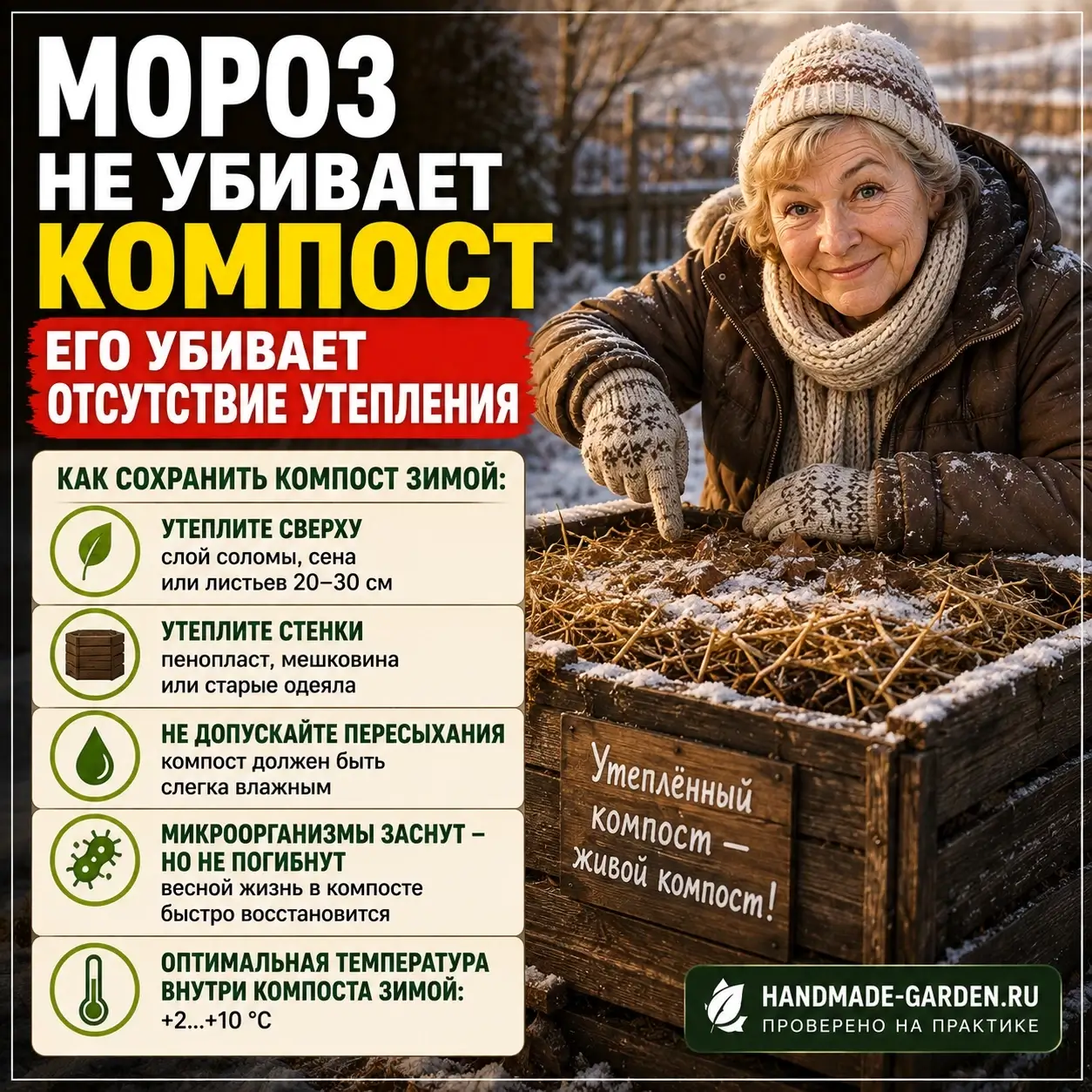 Утеплить компостную кучу на зиму, чтобы перепревание не остановилось