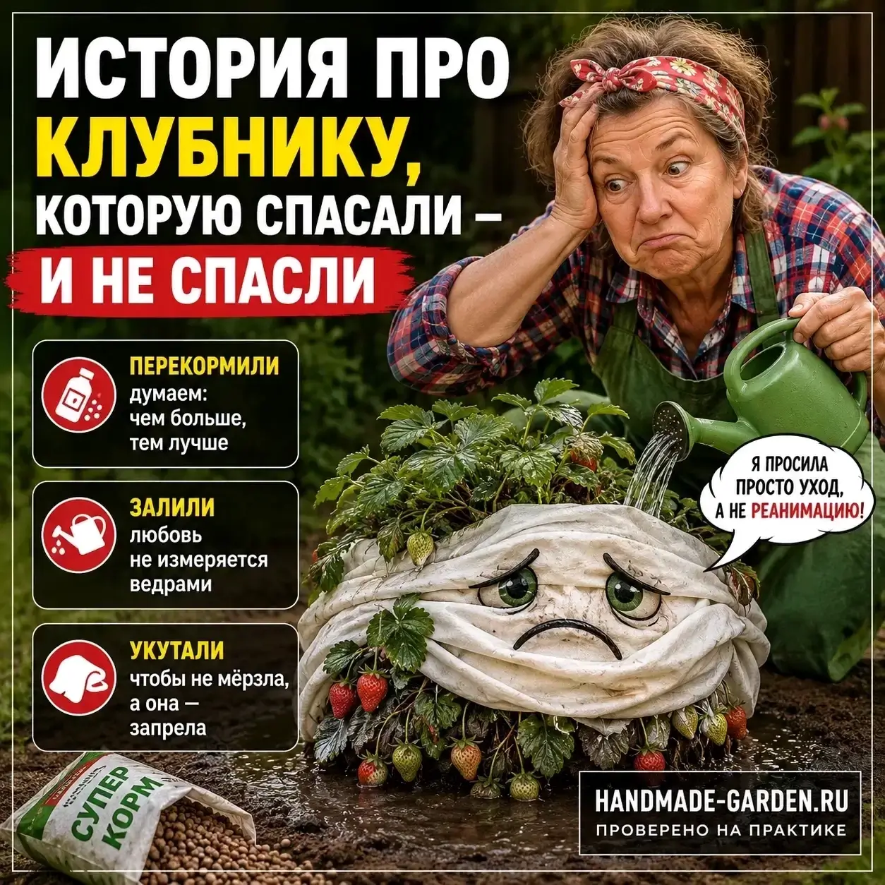 История про клубнику, которую спасали &mdash; и не спасли: перекормили, залили, укутали