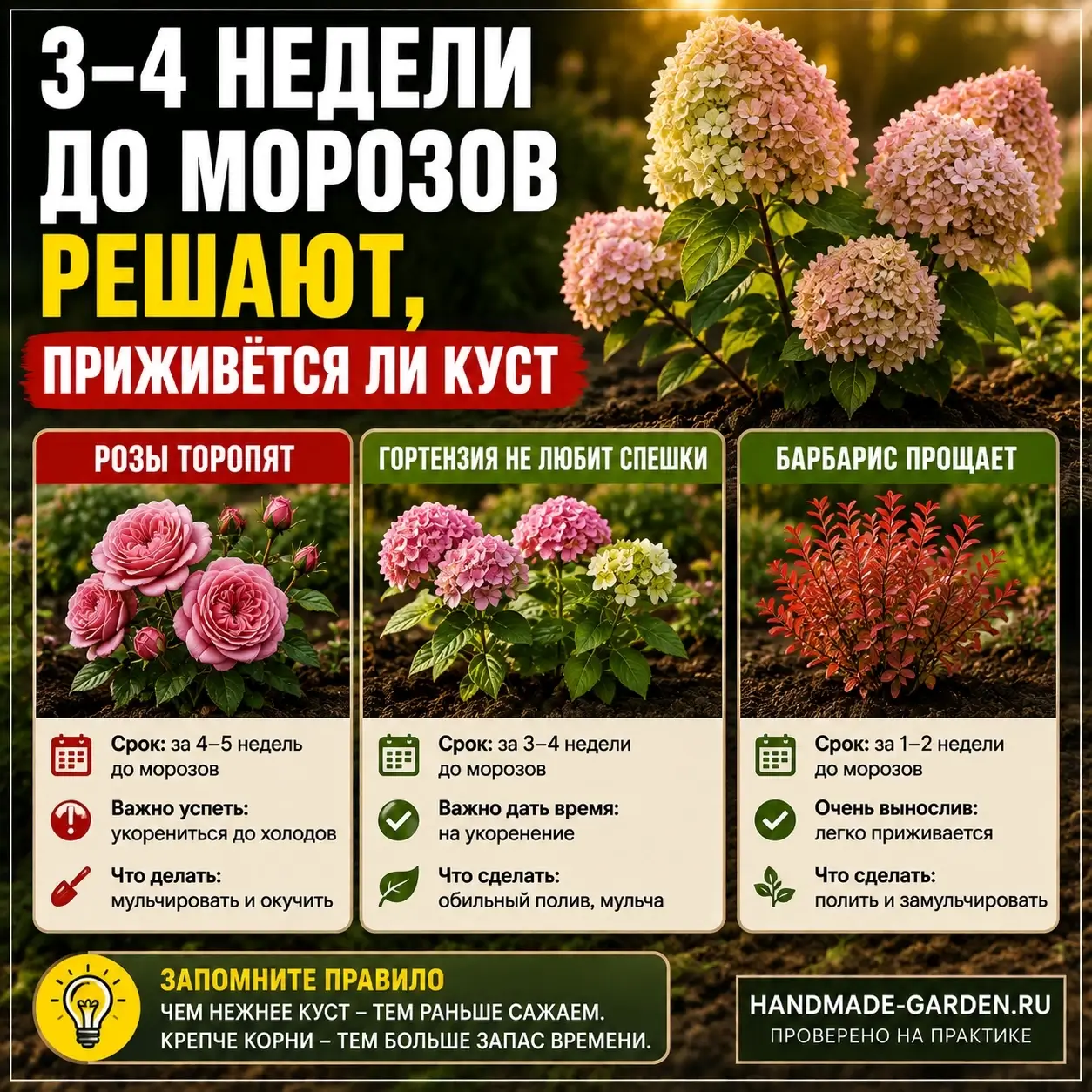 3&ndash;4 недели до морозов решают, приживётся гортензия или нет. Розы торопят, барбарис прощает: разные сроки для разных кустов