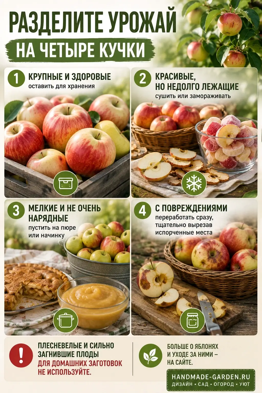 Яблоки лучше сразу разделить на четыре кучки.