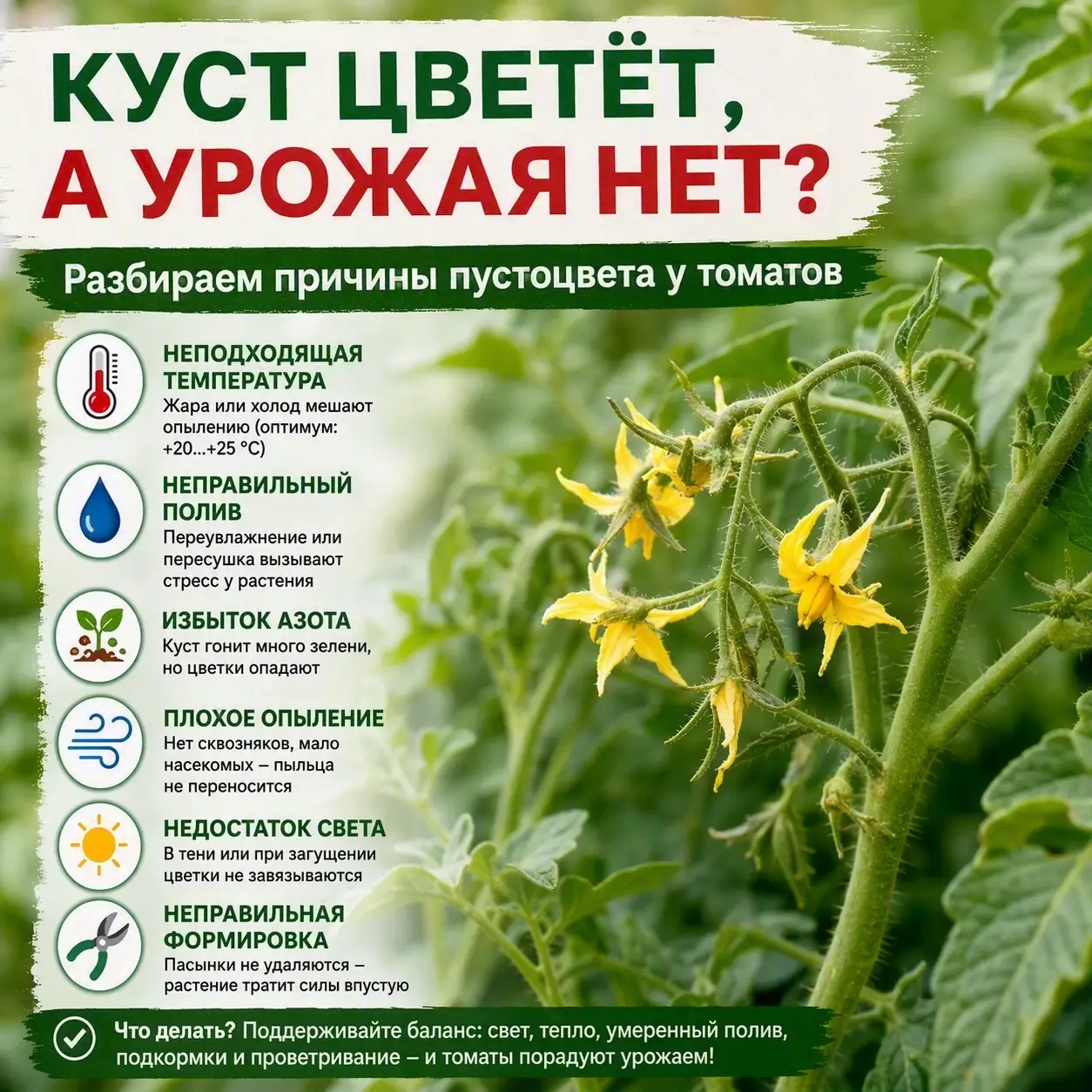 Куст цветёт, а урожая нет? Разбираем причины пустоцвета у томатов