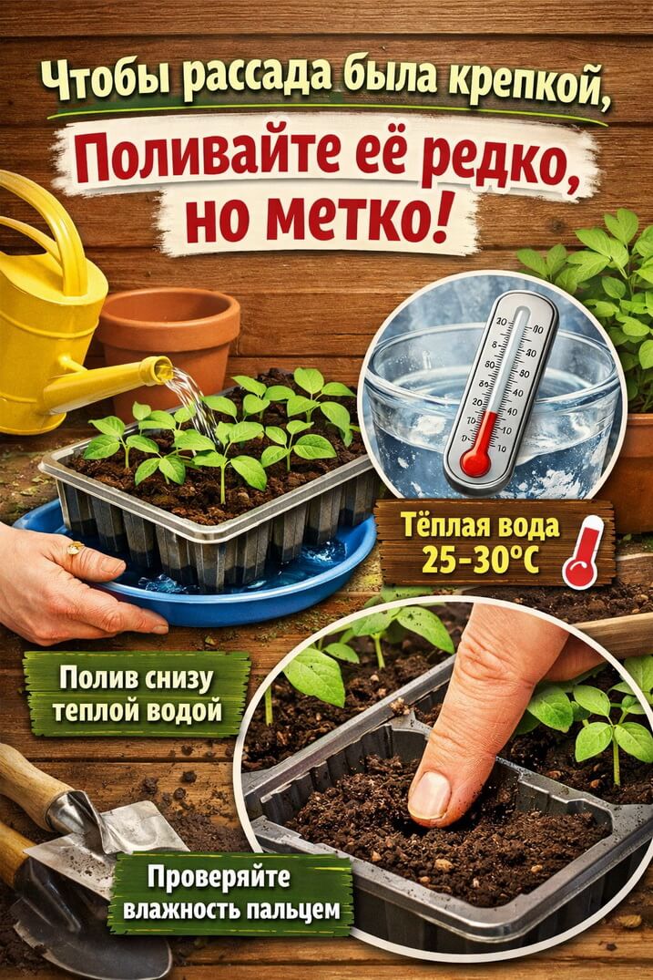 Чтобы рассада была крепкой, поливайте её редко, но метко