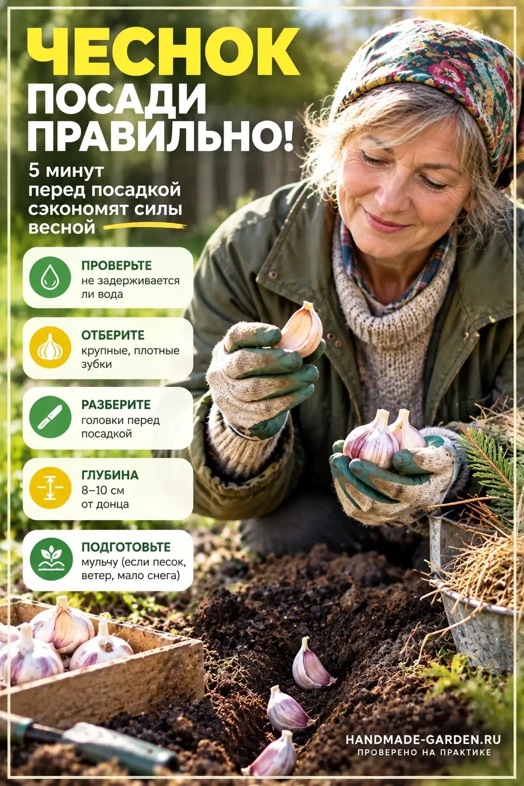 Задача осенней посадки другая: зубок должен успеть нарастить корни, но не должен активно тронуться в надземный рост.