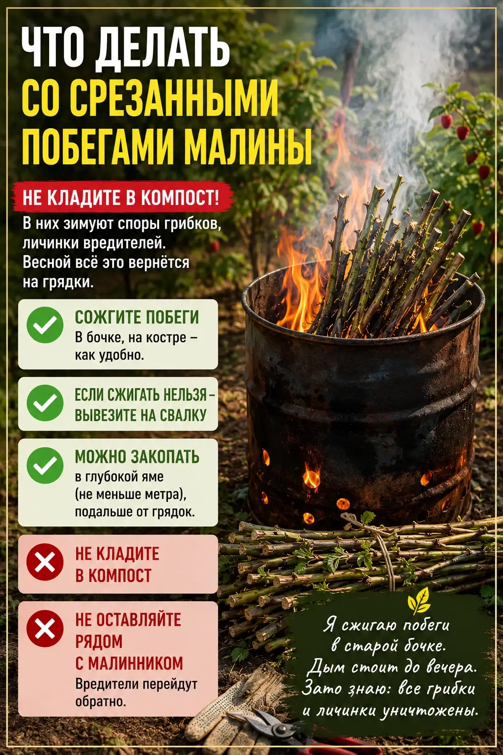 Что делать со срезанными побегами малины