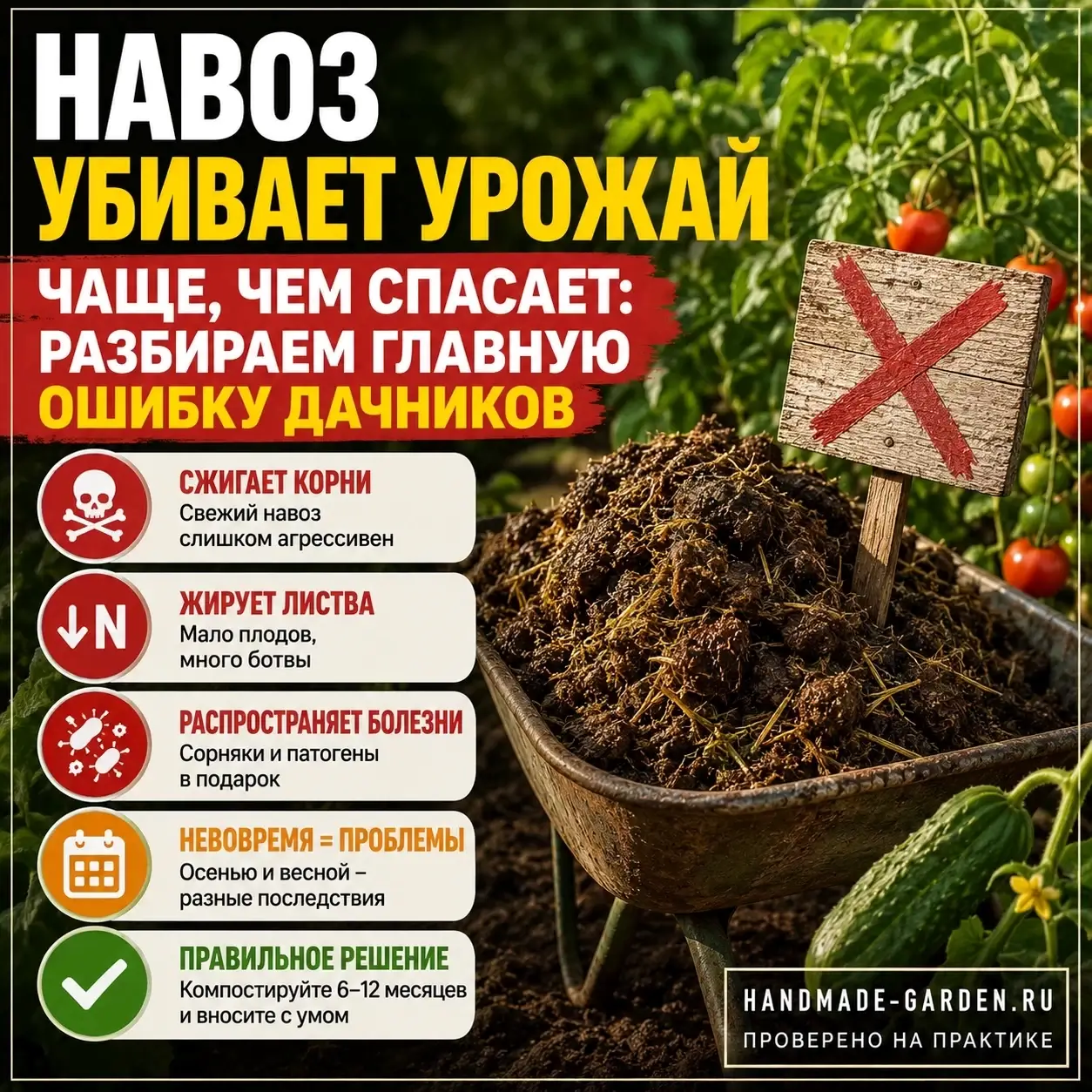 Навоз считается лучшим удобрением, но избыток органики снижает урожай сильнее, чем её нехватка