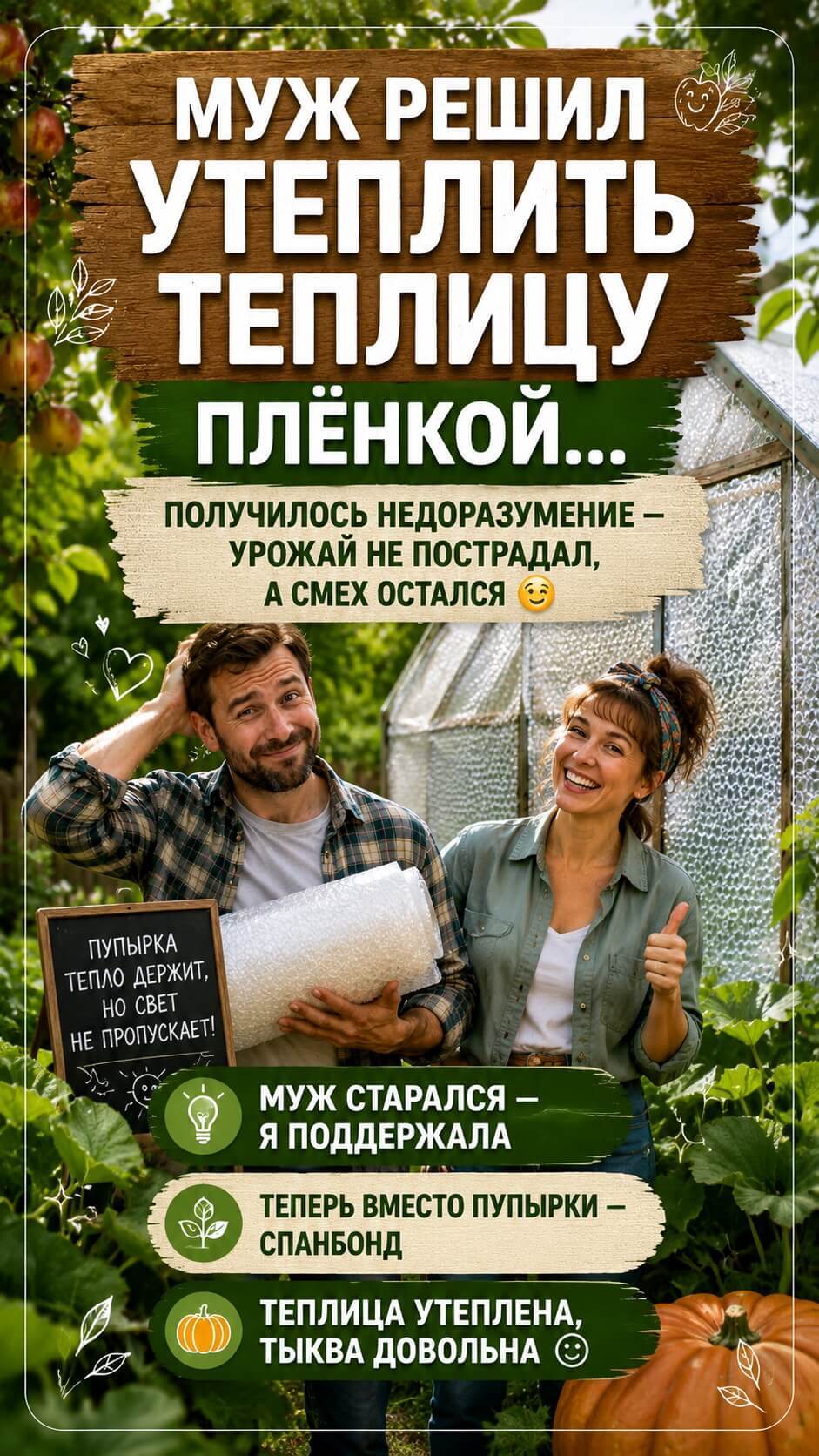 Муж решил утеплить теплицу плёнкой. Получилось недоразумение