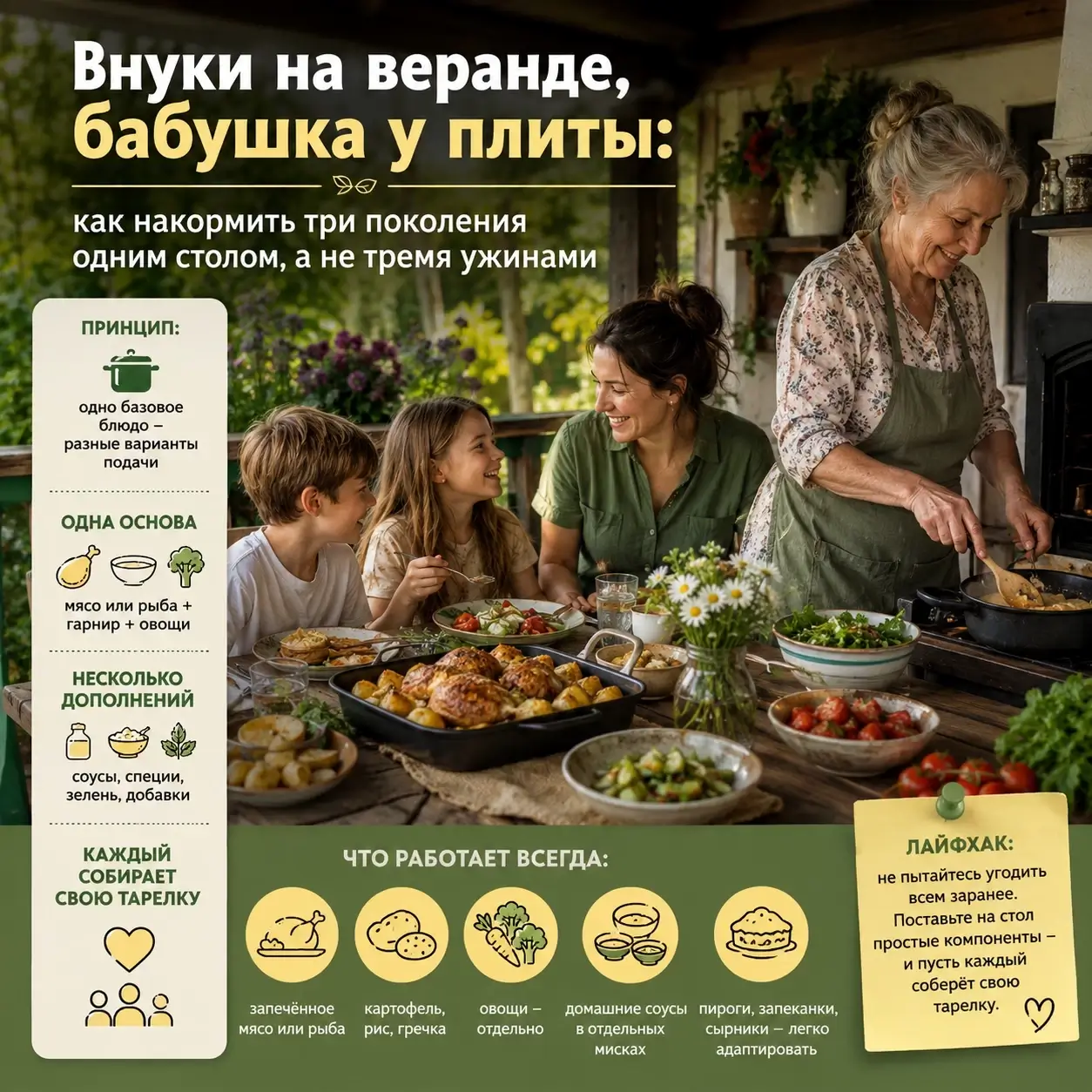 Внуки на веранде - бабушка у плиты