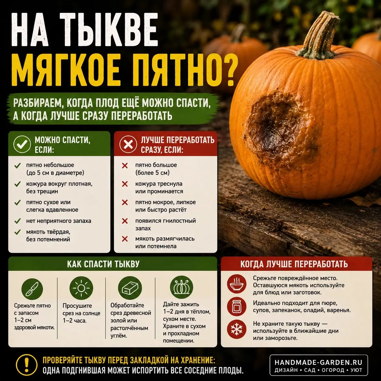 Мягкое пятно без запаха и без явной плесени часто оказывается просто механическим повреждением — тыкву задели