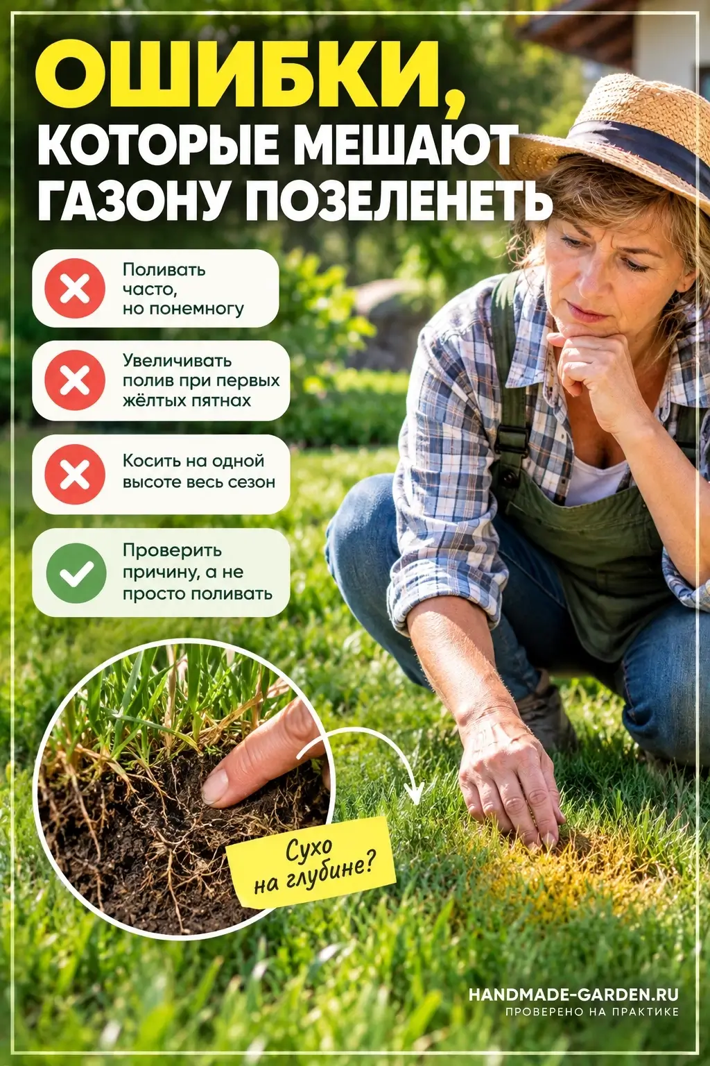 Газон желтеет пятнами, хотя вы поливаете регулярно