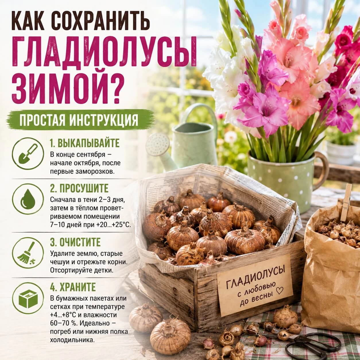 Почему гладиолусы высыхают или гниют зимой? Главные ошибки: балкон, полиэтилен, ранняя выкопка