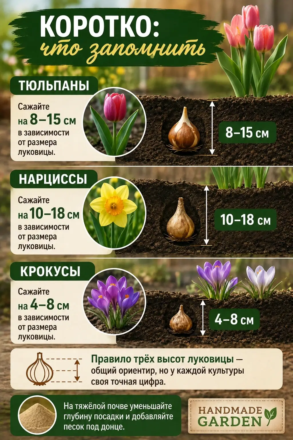 Тюльпаны сажайте на 8–15 см в зависимости от размера луковицы