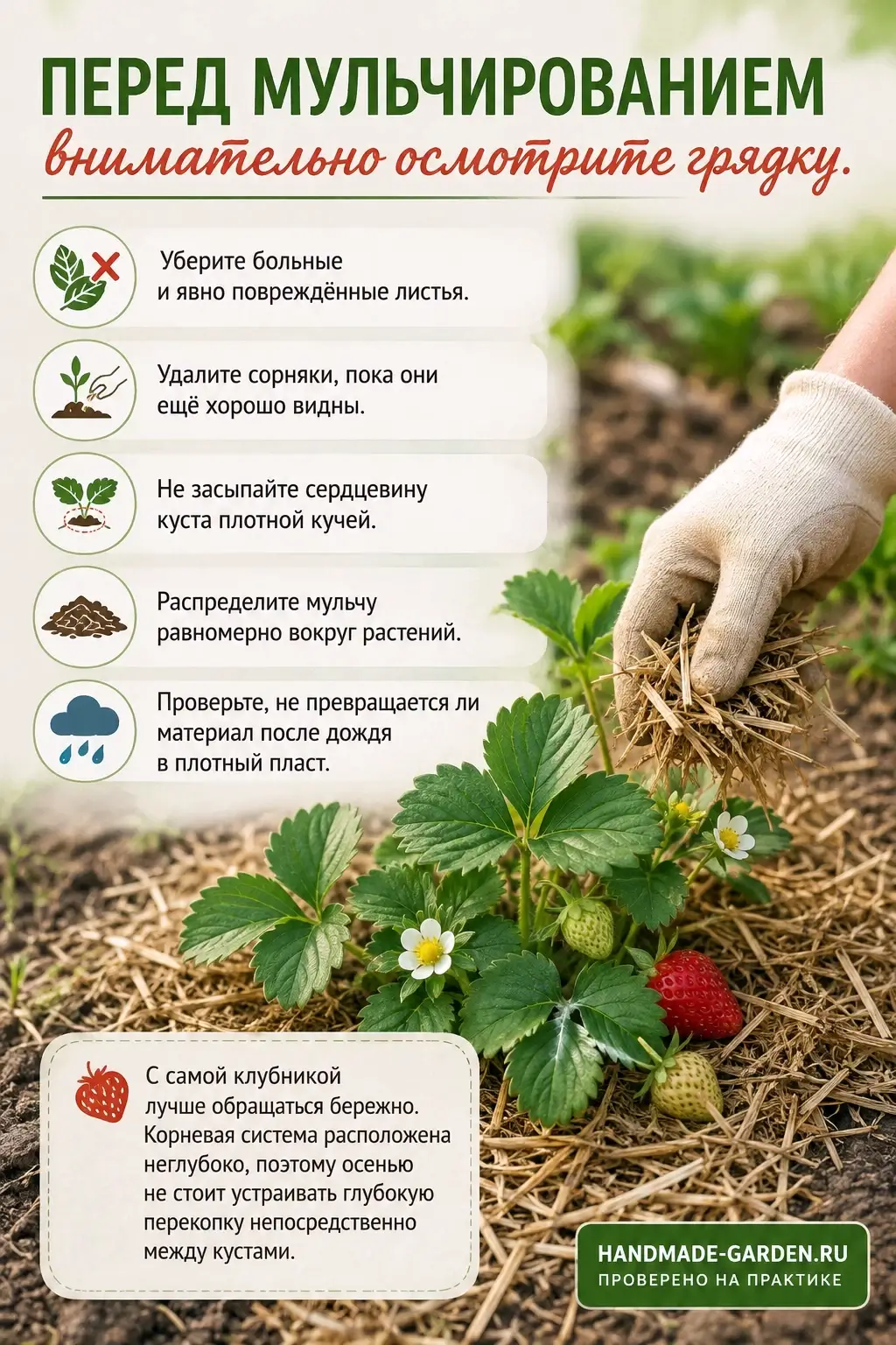 Рассмотрите грядку клубники перед мульчированием