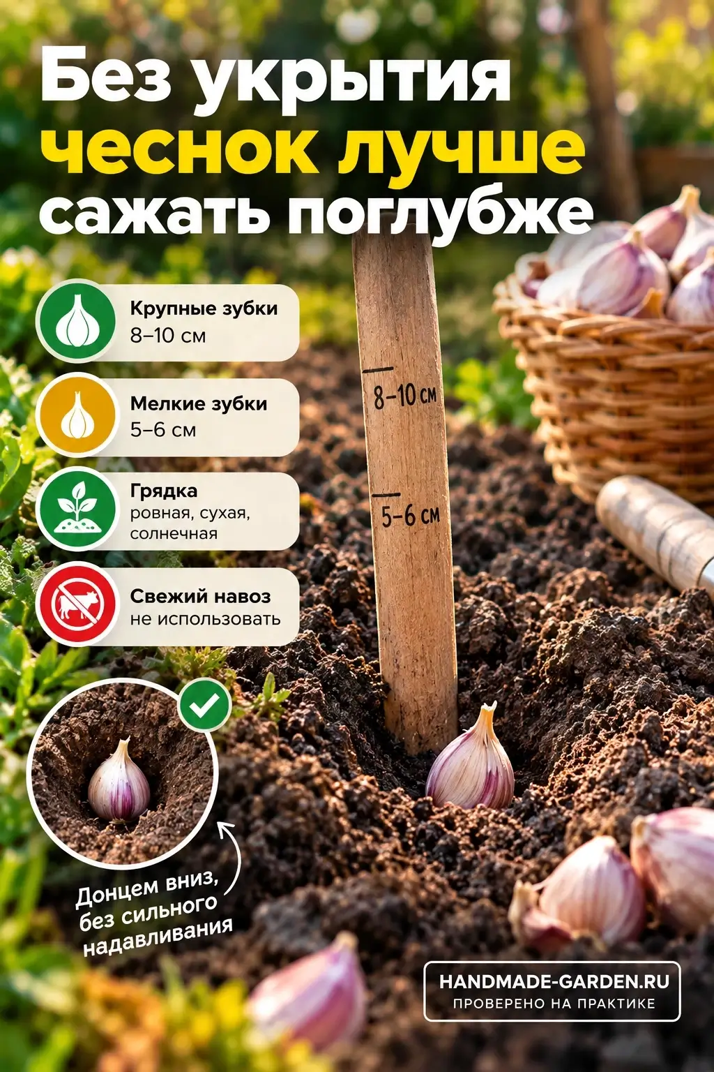 Без укрытия чеснок лучше сажать поглубже