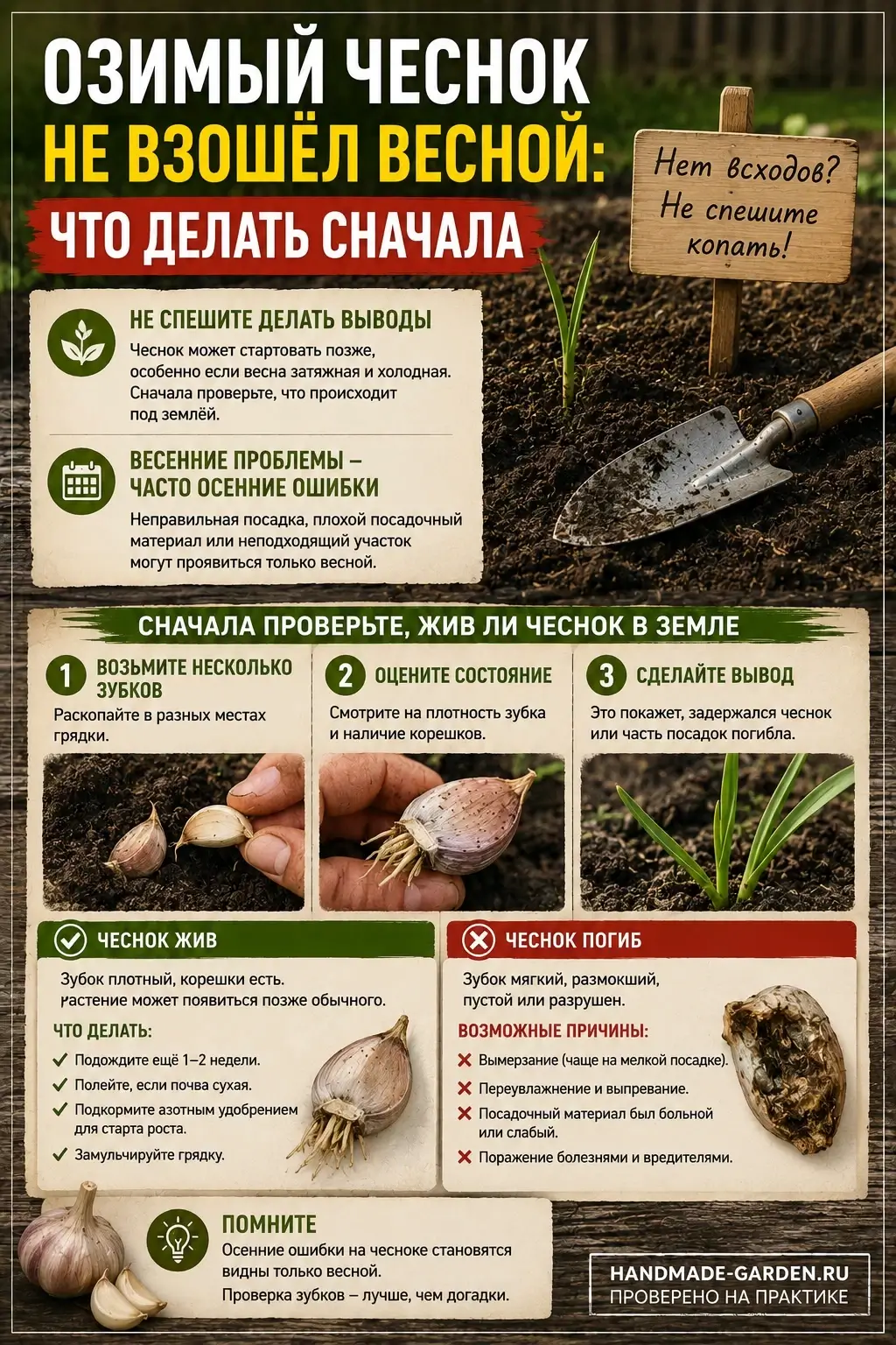 У чеснока здесь есть одна хитрость: весенние последствия часто приходится искать в осенних ошибках.