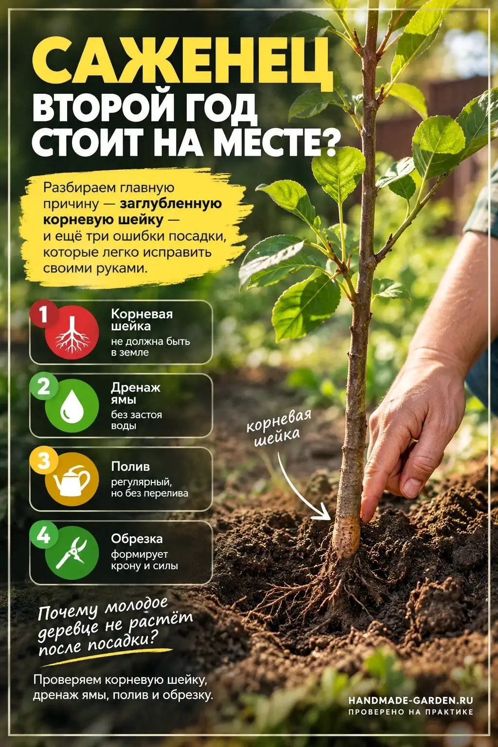 проверьте положение корневой шейки и состояние почвы вокруг корней