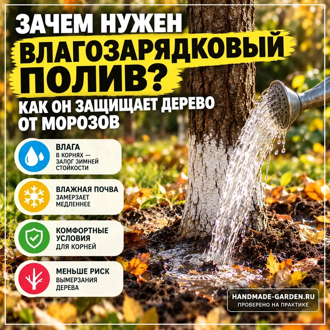 влагозарядковый полив защищает дерево от морозов