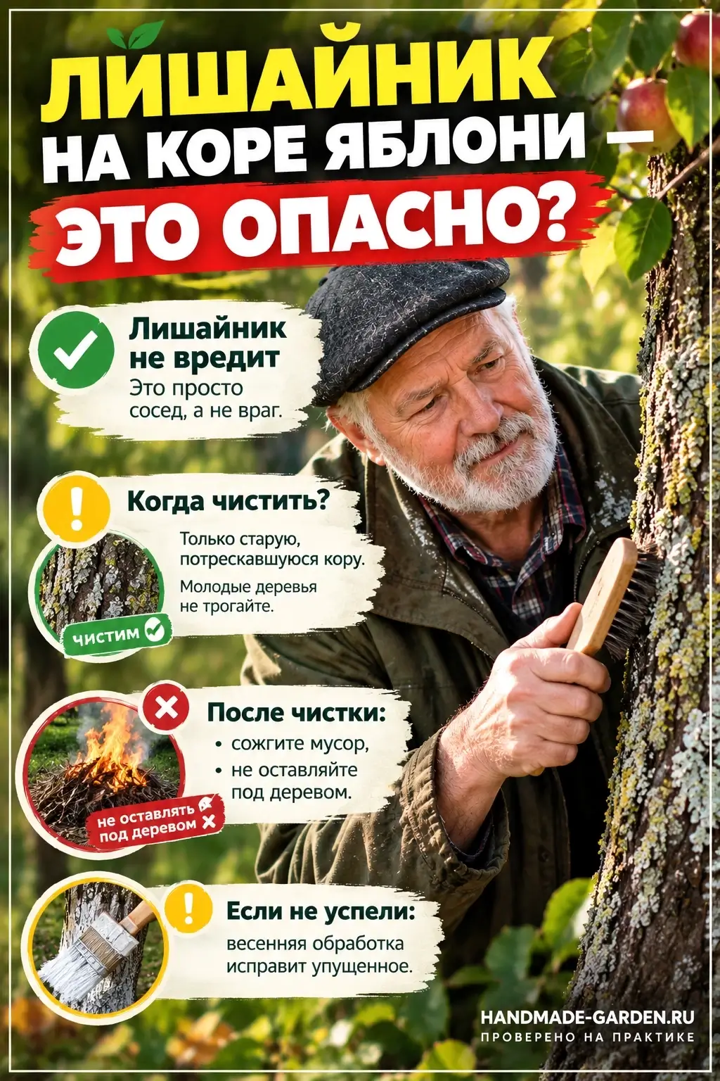 Лишайник на стволе яблони не страшен