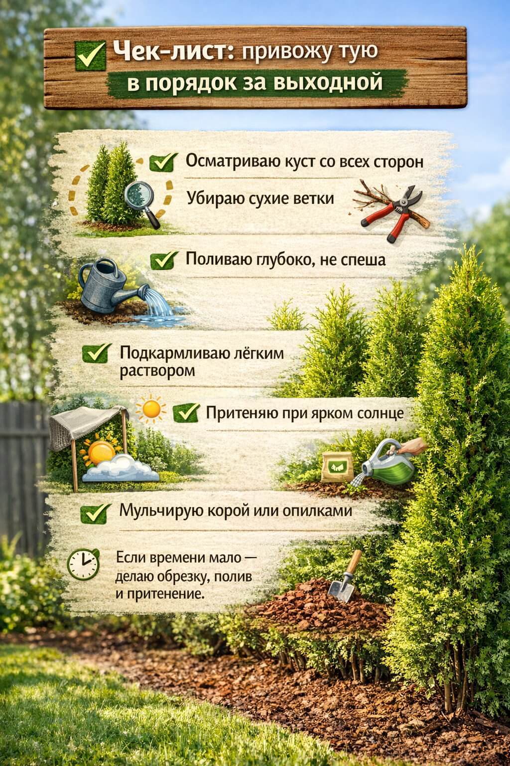 Чек-лист: привожу тую в порядок за выходной