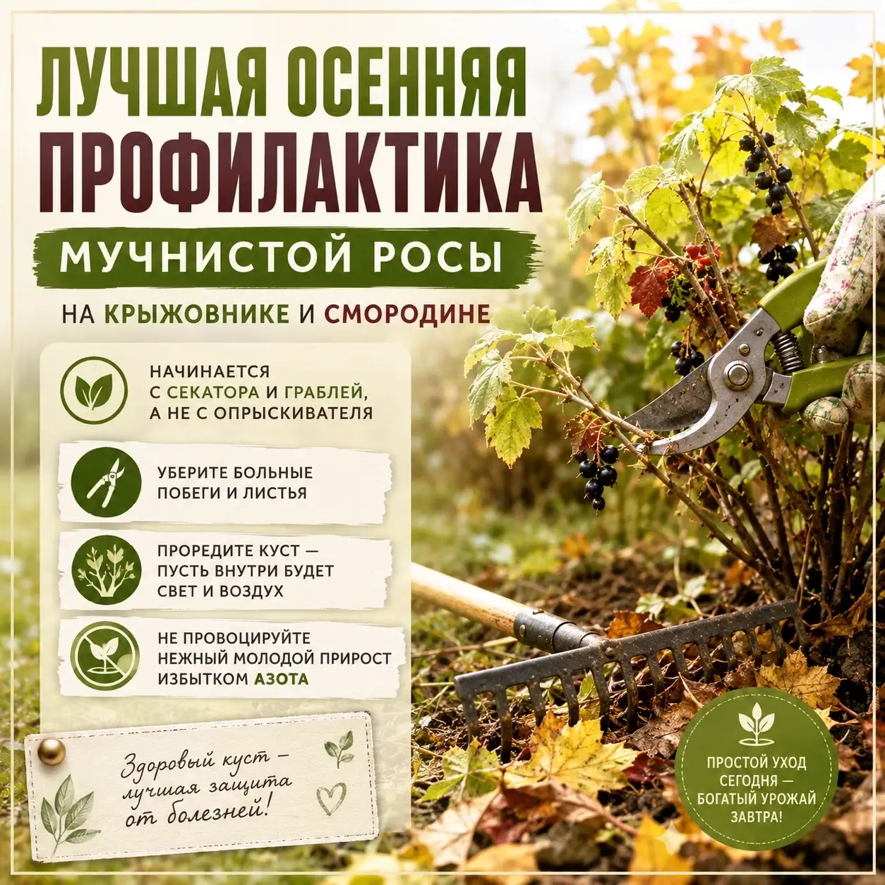 Осенью у крыжовника нужно убрать то, что болезнь оставляет на зиму