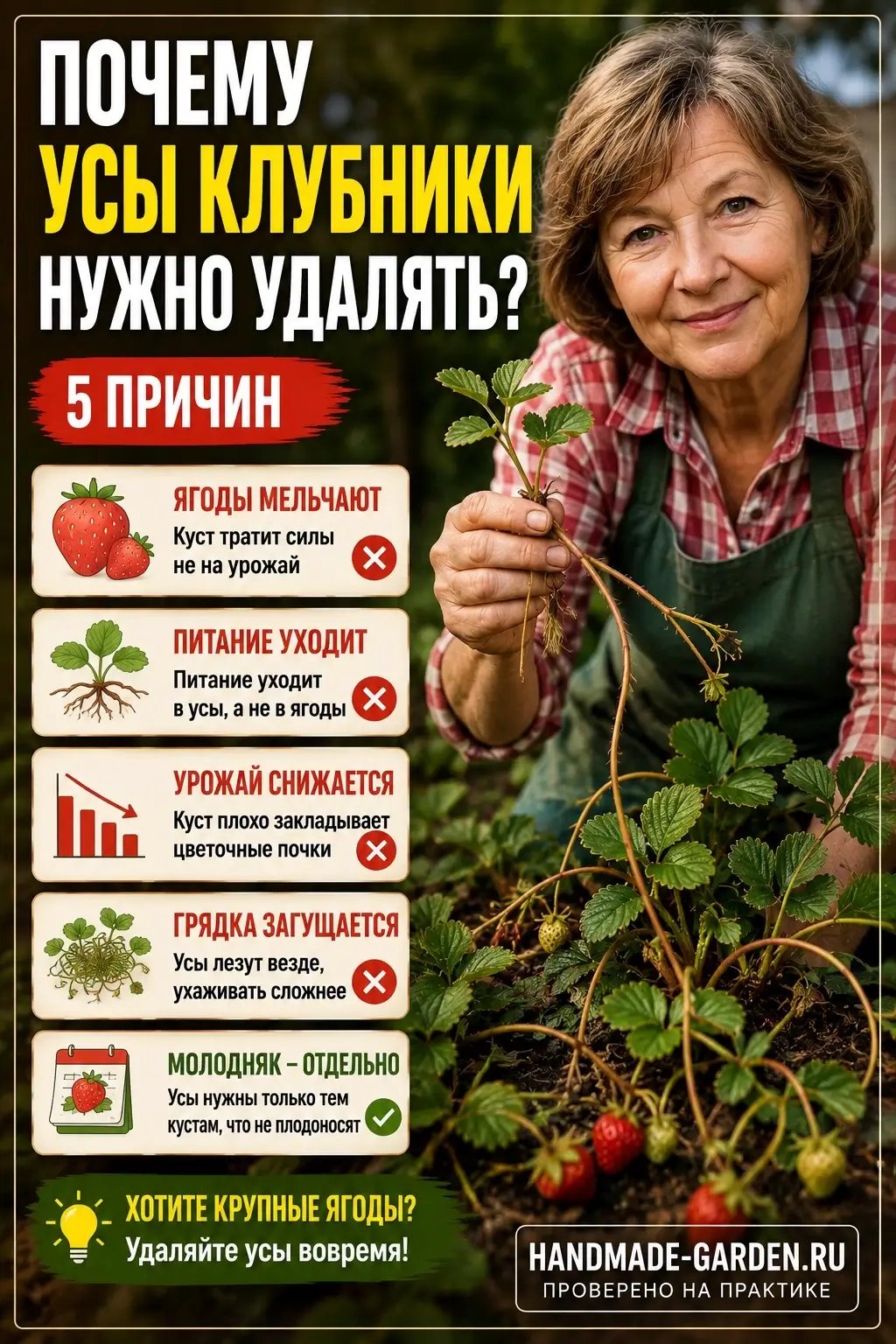 Усы клубники забирают урожай