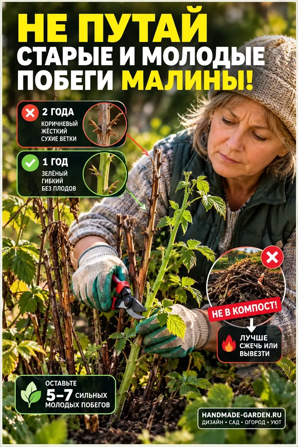 двухлетний побег — коричневый, жёсткий, с сухими боковыми веточками; однолетний — зелёный, гибкий