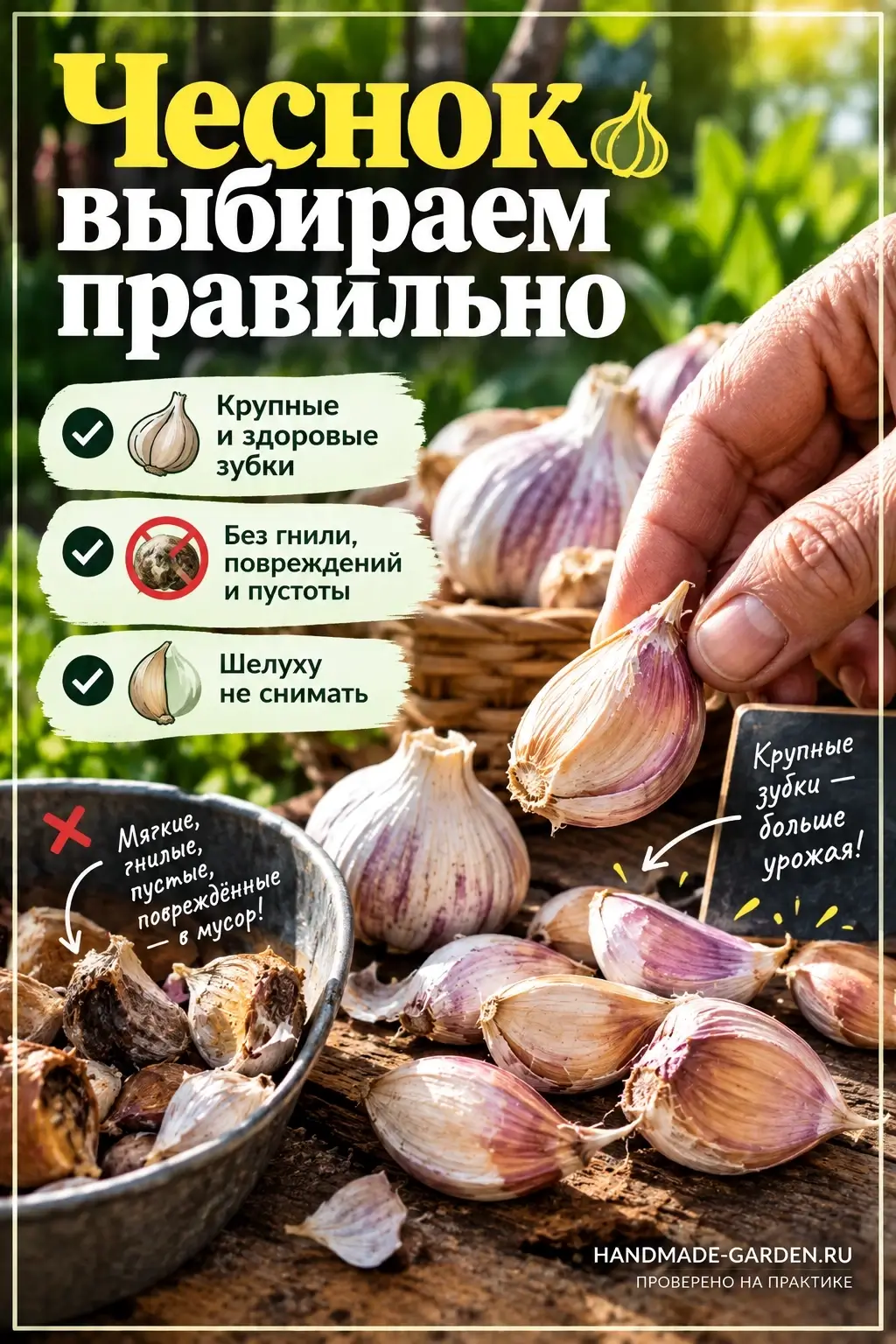 Для грядки без укрытия лучше выбирать крупные зубки для посадки