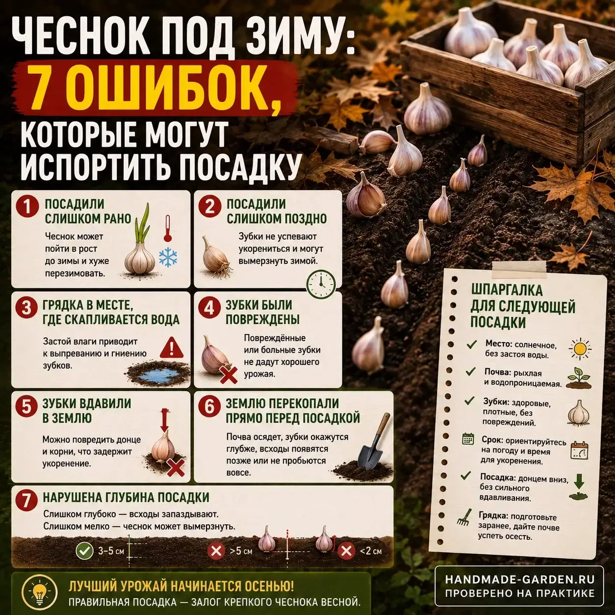 У чеснока здесь есть одна хитрость: весенние последствия часто приходится искать в осенних ошибках.