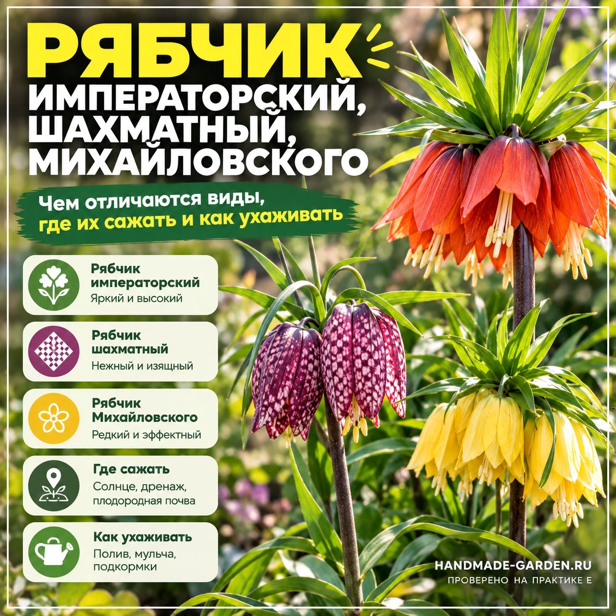 Рябчик императорский, шахматный, Михайловского: чем отличаются виды, где их сажать и как ухаживать