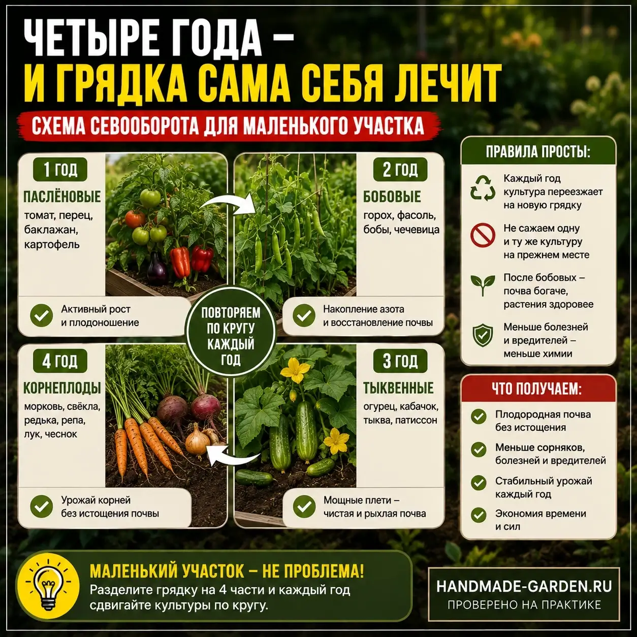 Четыре года - и грядка сама себя вылечивает: схема севооборота для маленького участка