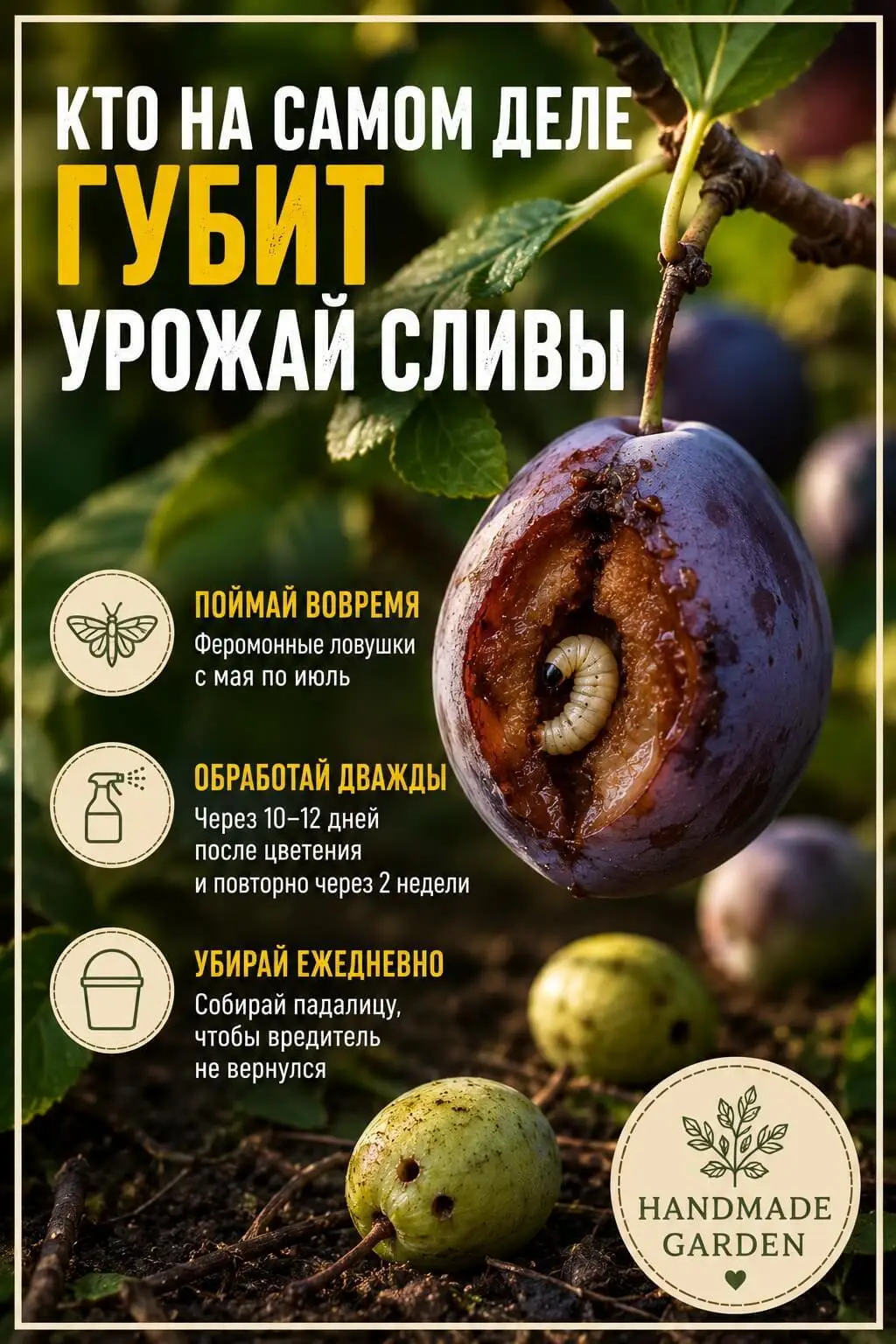 Личинки выедают мякоть у косточки, и слива падает зелёной