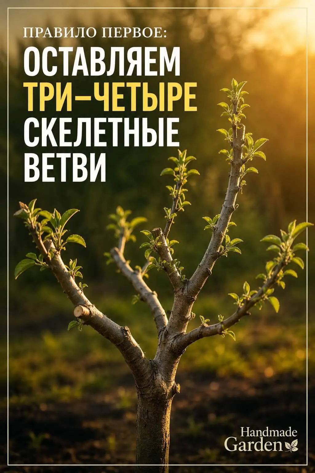 У молодой или запущенной яблони нужно оставить не больше трёх-четырёх основных ветвей