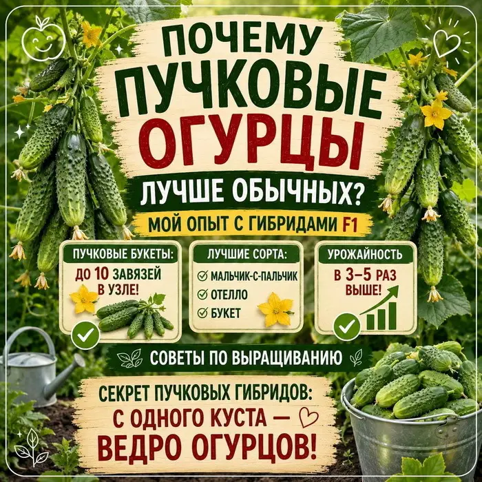 Огурцы-букеты &mdash; пучковые гибриды 2026: урожай до 18 кг с кв.м