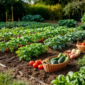Уютный огород с аккуратными грядками и корзиной свежих овощей