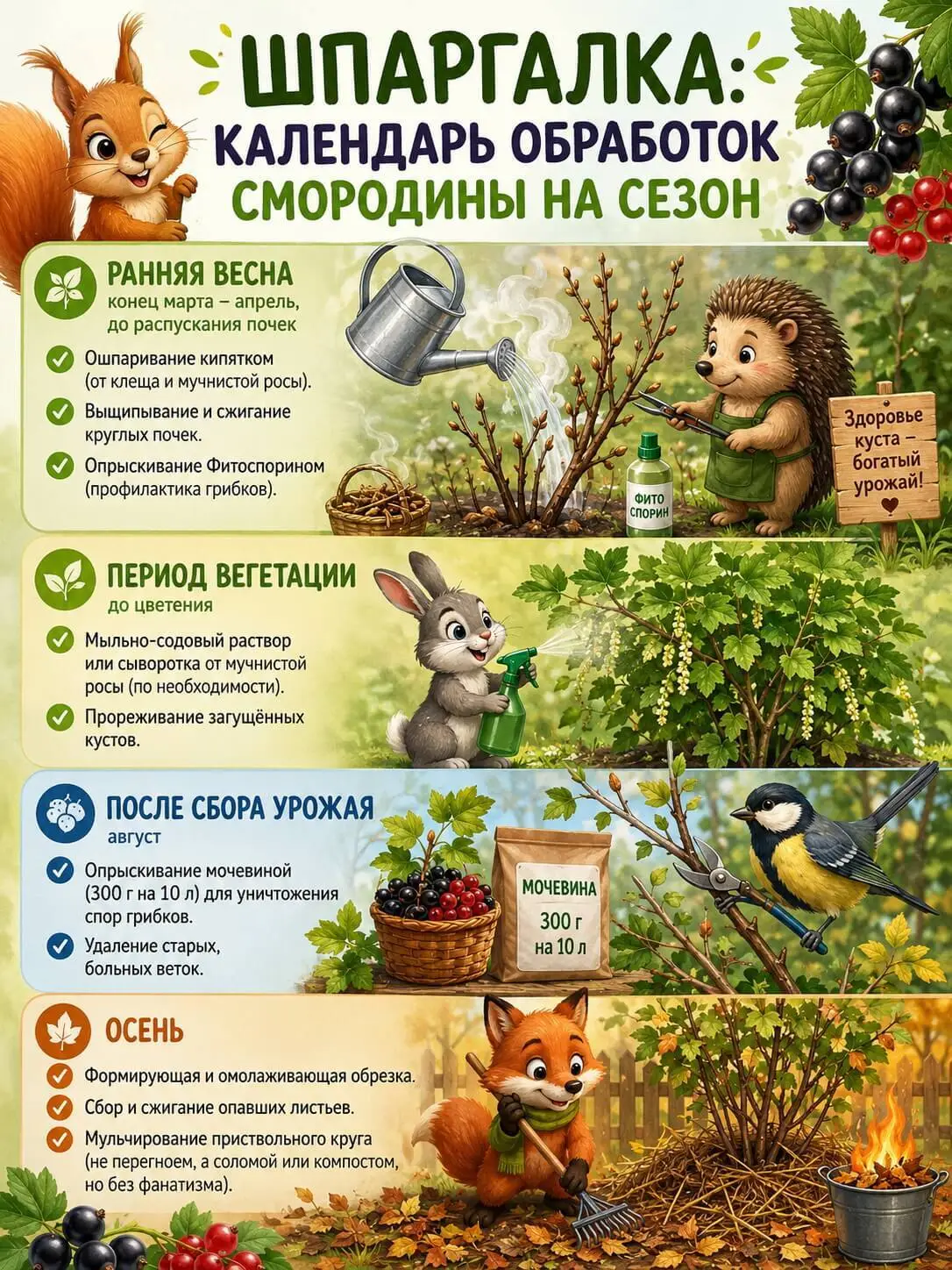 Шпаргалка: календарь обработок смородины на сезон