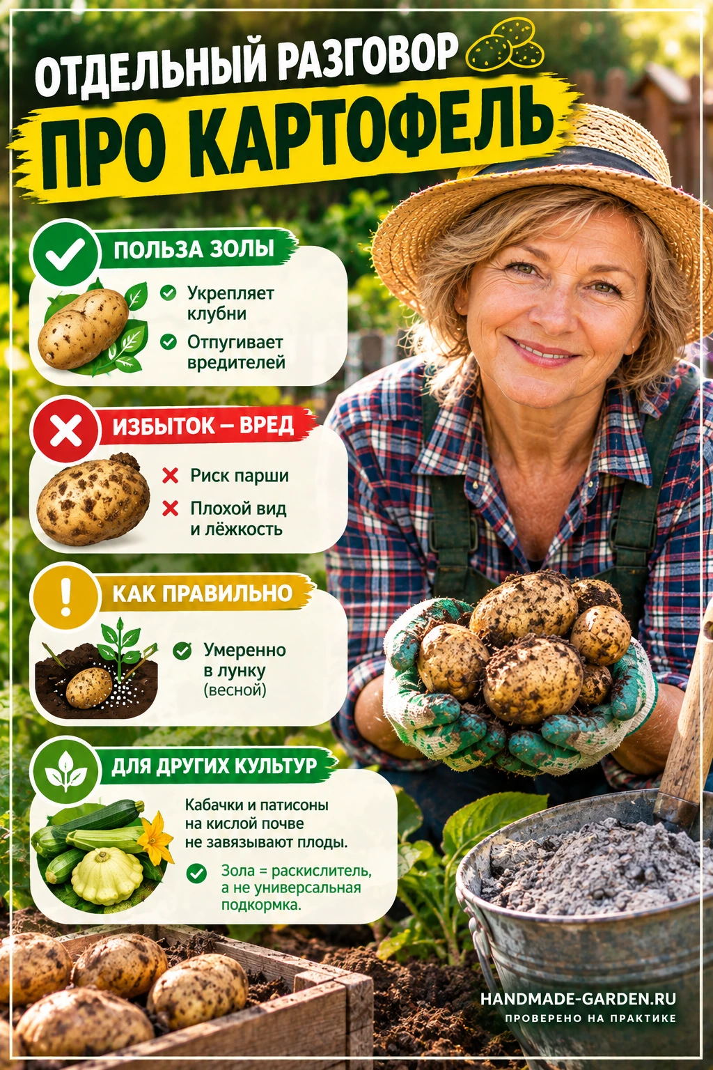 под картофель золу вносят умеренно, в лунку при посадке весной
