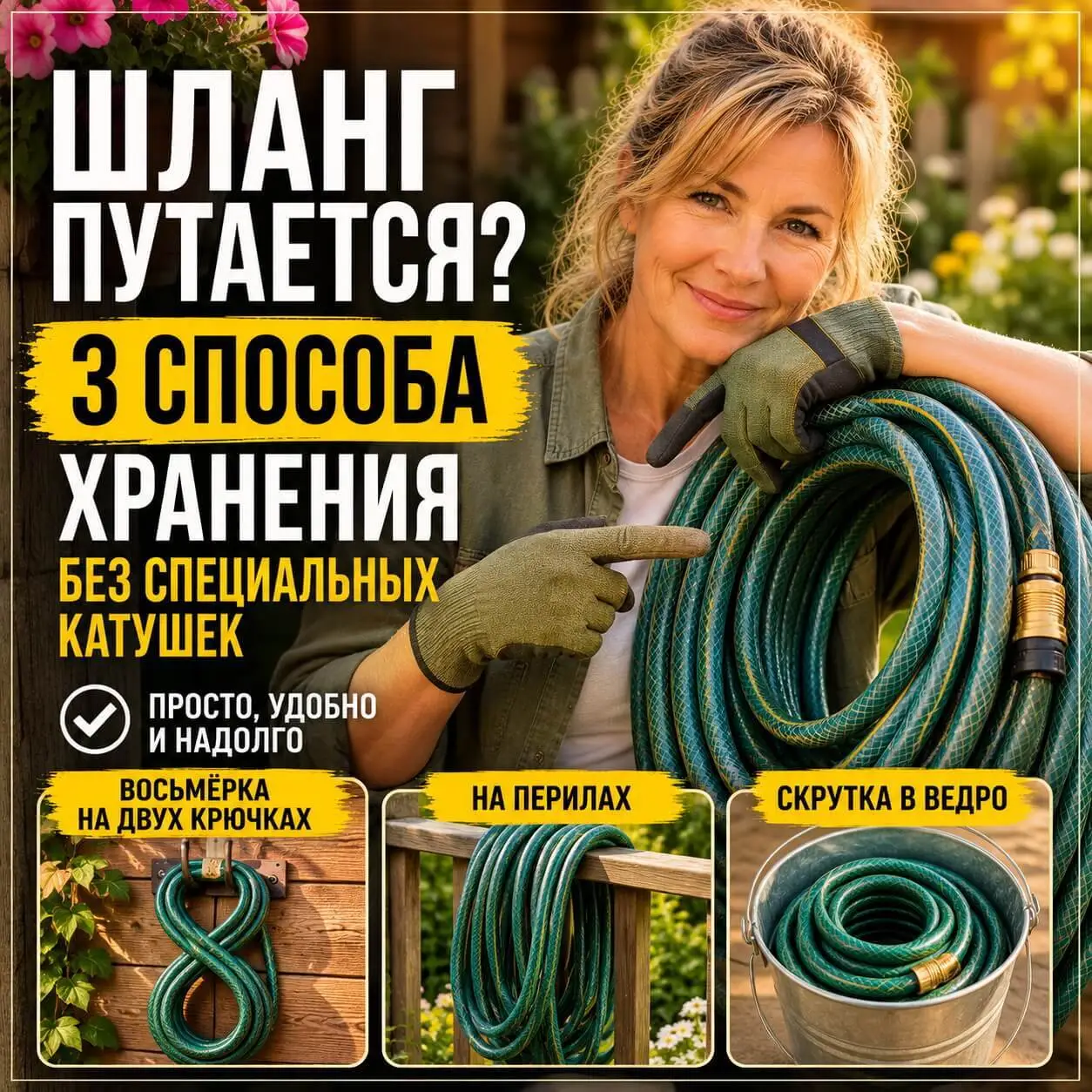 Секрет хранения шланга: два крючка, восьмёрка и никаких узлов