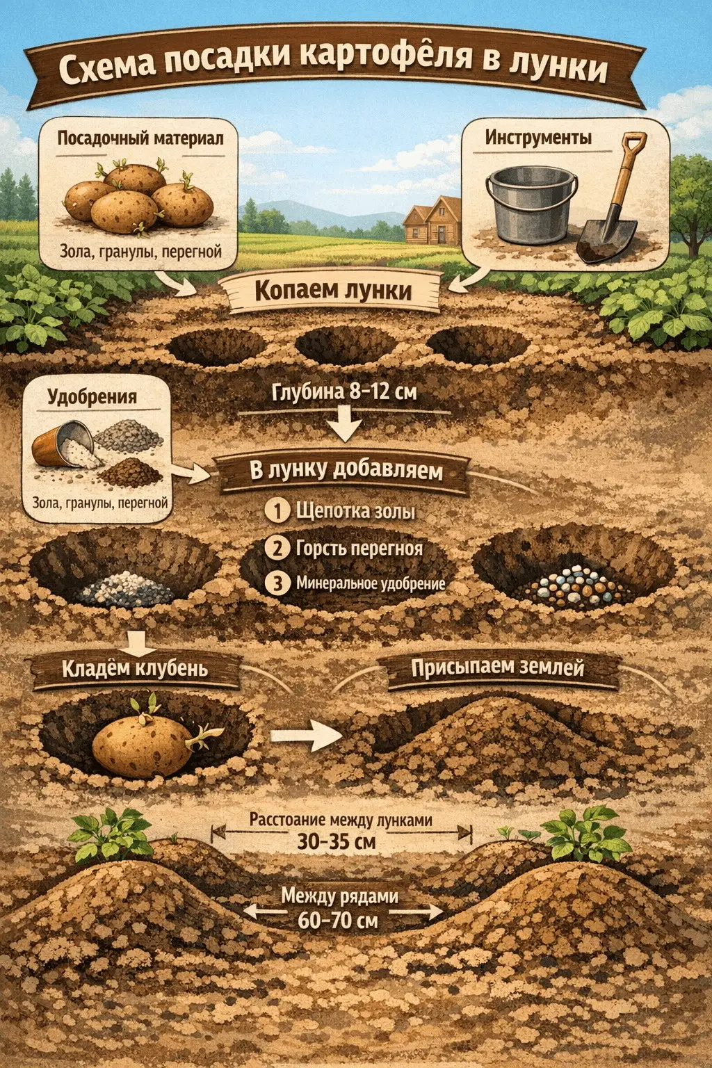 Схема посадки картофеля в лунки