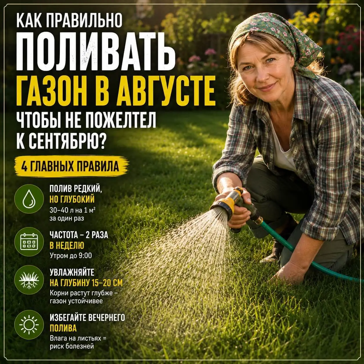 Правила полива газона в августе